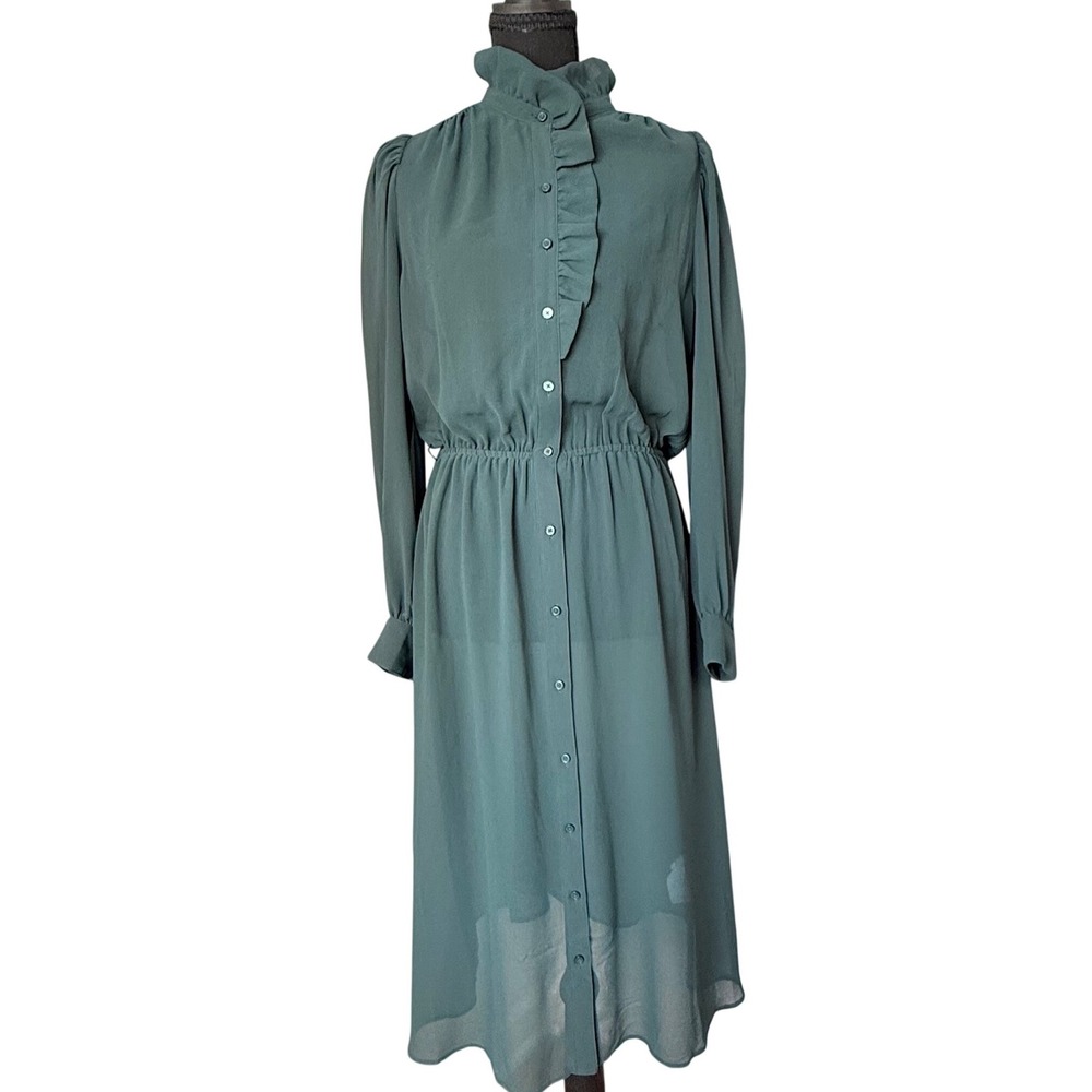 Banana Republic Sheer Midi Dress Green Ruffle Neck Button Down Victorian Small